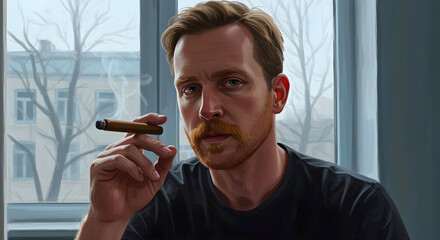 thoughtful man smoking a cigar on his balcony