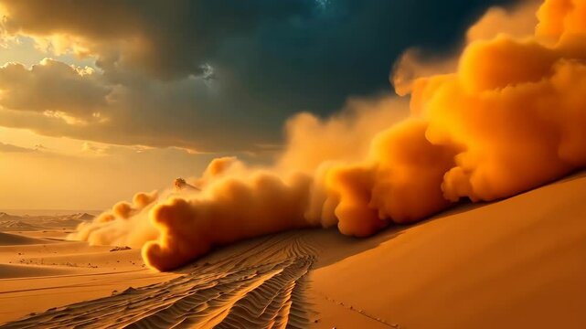 Golden clouds of dust billow over sandy dunes in a breathtaking desert landscape at sunset