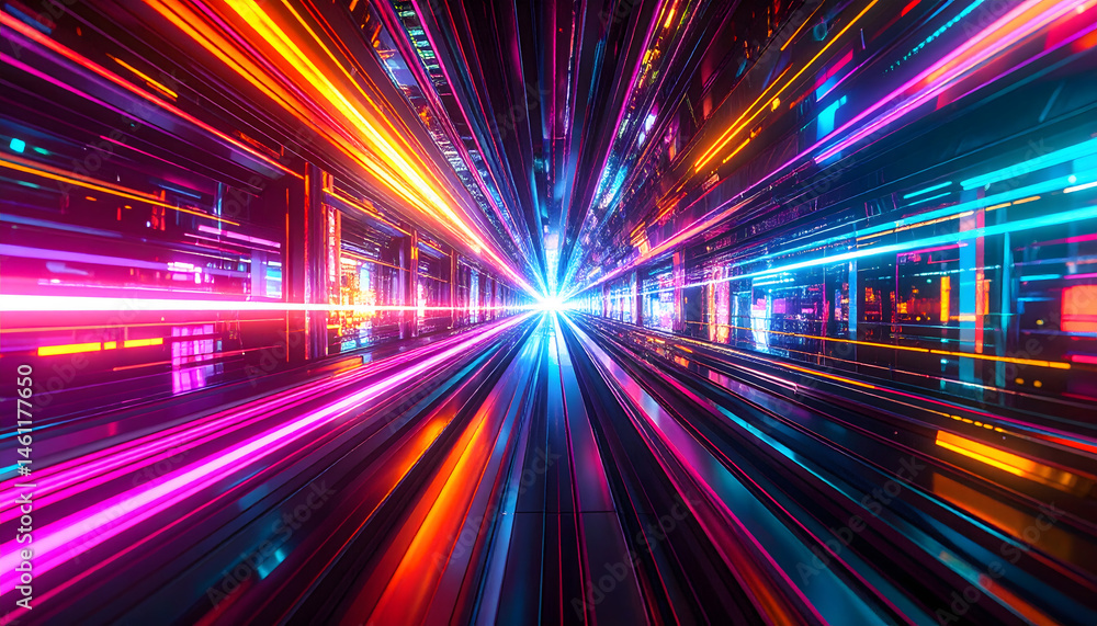 Poster dynamic light speed journey futuristic space digital art vibrant colors abstract viewpoint
