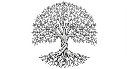 Symmetrical, detailed drawing of a symbolic, ancient tree.