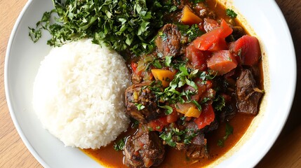 Overhead shot of Mbakoukoutou Gabonese bush meat stew featuring tender pieces of game meat rich...