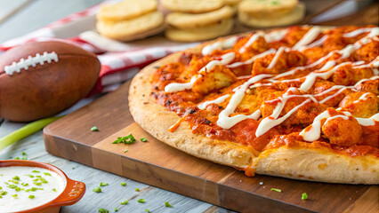 Delicious buffalo chicken pizza topped with creamy ranch drizzle, served on wooden board, with football and snacks in background