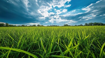 Green grass field under cloudy sky