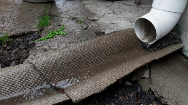 Water flows from a sewing pipe along the old gutter
