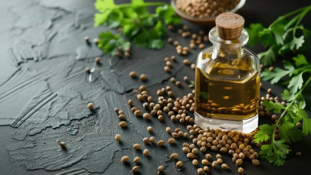 coriander essential oil. Selective focus
