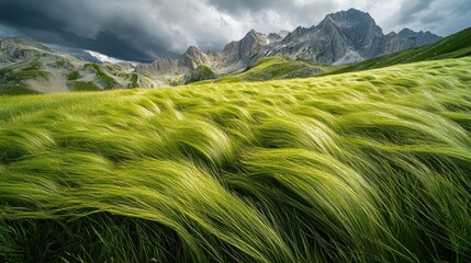 Green grass field with dramatic mountains and cloudy sky