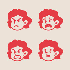 Set of 4 retro cartoon girl face expressions in bold red style. Funny vintage female character icons with playful, happy, silly, and surprised moods. Ideal for stickers or branding