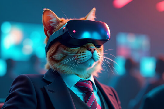 Cool Cat in Business Attire Uses Virtual Reality to Connect with Teammates in Gaming Tournament in Cyberspace - Powered by Adobe