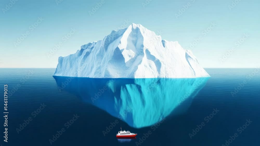 Poster huge iceberg floating in the ocean with its underwater part visible and a small passenger ship saili
