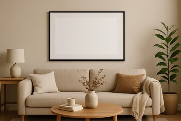 Empty picture frame hanging on the wall of a stylish living room