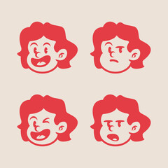 Set of 4 retro cartoon girl face expressions in bold red style. Funny vintage female character icons with playful, happy, silly, and surprised moods. Ideal for stickers or branding