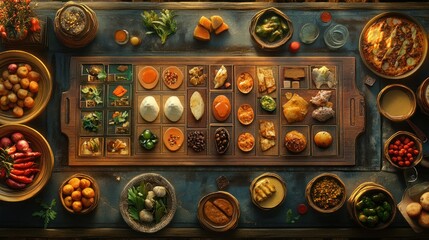 Fototapeta premium A vibrant spread of assorted dishes and ingredients on a rustic wooden table, showcasing culinary diversity