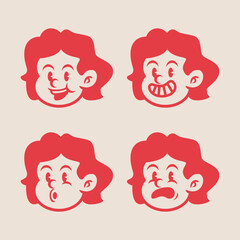Set of 4 retro cartoon girl face expressions in bold red style. Funny vintage female character icons with playful, happy, silly, and surprised moods. Ideal for stickers or branding