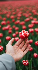 A Hand Gently Holding a Single Tulip in a Vibrant Red Field