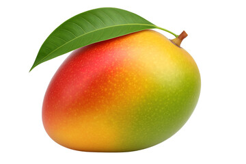 Ripe mango with green leaves isolated on a transparent background. Cut out the PNG format for graphic design.