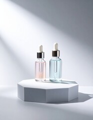 Three elegantly designed perfume bottles sit on a pristine white surface, showcasing their unique shapes and colors, reflecting light beautifully.