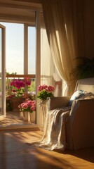 Morning light bathing cozy living room with balcony flowers home interior warm atmosphere natural view