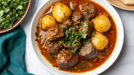 Overhead shot of Mbakoukoutou Gabonese bush meat stew featuring tender pieces of game meat rich...
