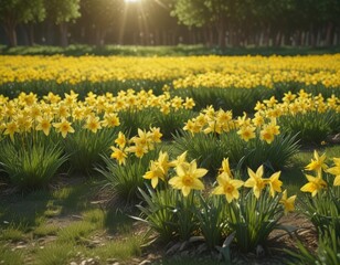 Sunlit daffodil field, vibrant yellow blooms, lush green grass,  petals,  plant,  leaves
