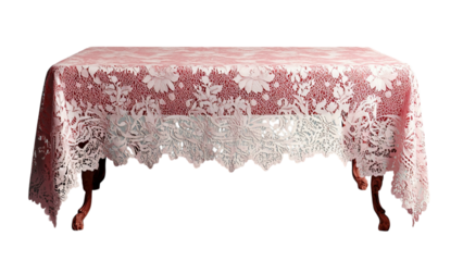 Png of Elegant white lace tablecloth draped over a wooden table, featuring intricate floral patterns and a charming vintage appeal.
