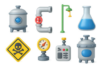 Industrial laboratory 3d icon set – filled style chemistry, engineering, and safety symbols for science projects: reactor, valve, lamp, beaker, hazard sign, gauge, control panel, tank.