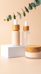 Two elegant glass bottles with natural wooden lids sit side by side, accompanied by a vibrant green plant, creating a serene and stylish decor arrangement.