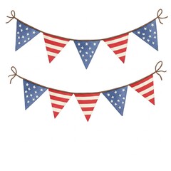 Obraz premium Patriotic bunting with stars and stripes in red, white, and blue, resembling the American flag, arranged on two strings.