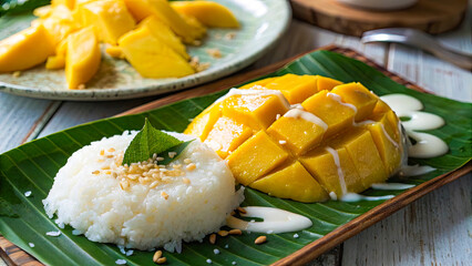 Mango sticky rice served on banana leaf with coconut cream and sesame seeds, showcasing traditional Thai dessert