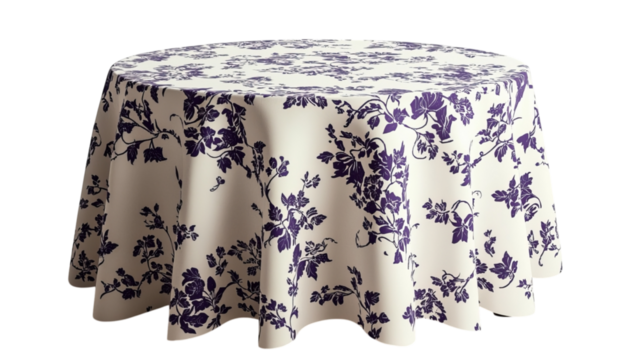 Png of Elegant round table with a white and purple floral patterned tablecloth, adding a touch of sophistication to any dining setting.