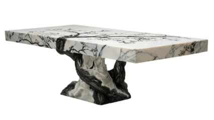 Png of Unique marble dining table with a striking black and white design and a twisted base, perfect for modern interiors.