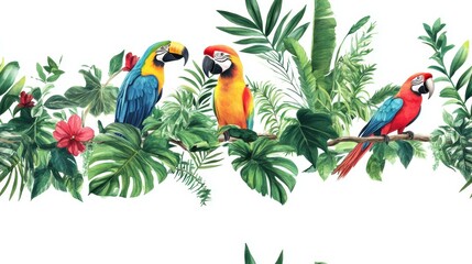 Tropical Paradise: A vibrant design featuring exotic birds like parrots and toucans amidst lush foliage, isolated on white