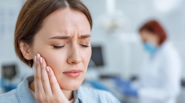 A close-up of a person holding their cheek in pain, indicating wisdom tooth gum pain, set in a bright, well-lit dental office, with a dentist in the background preparing tools.