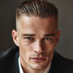 Fototapeta premium A close-up of a person with eyes focused directly at the camera. person with a sharp, clean undercut hairstyle with slicked-back hair on top.