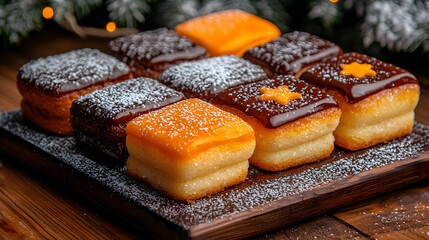 Assorted Holiday Cookies on Wooden Tray with Powdered Sugar