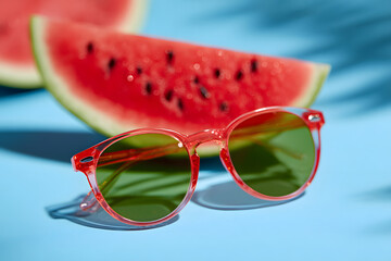 A slice watermelon with sunglasses. Summer, travel, food  and fashion concept.