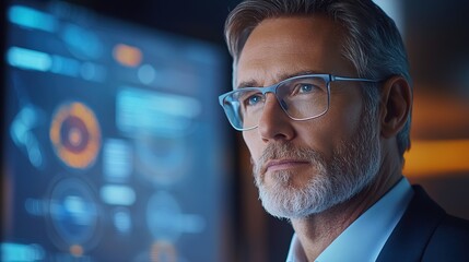 Business consultant presenting a futuristic networking strategy on a holographic screen 