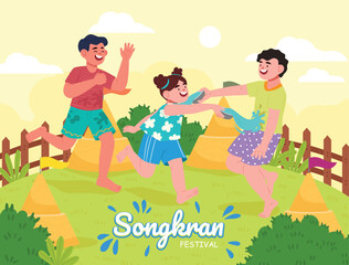 Happy Songkran Day Hand Drawn Cartoon Illustration. Children playing with water spray in Thailand. Illustrations and vectors