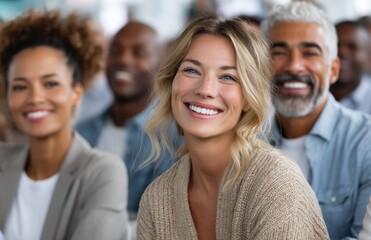 Fototapeta premium A diverse group of businesspeople sitting in chairs at an office presentation, all looking happy and engaged with the content being presented by their boss
