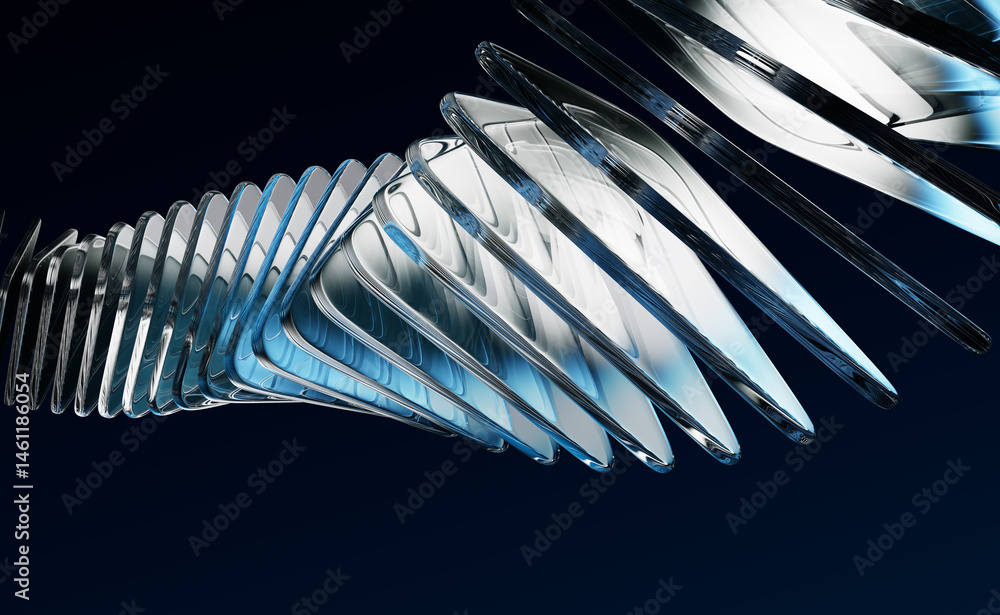 Poster dark blue background with glass transparent triangle shapes row. abstract curve wave line pattern. f