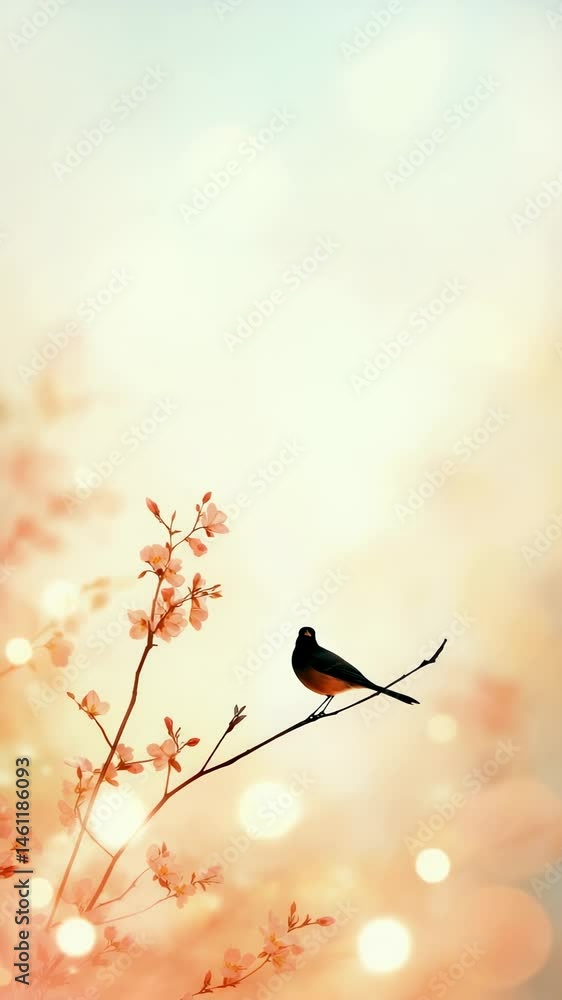 Poster small bird with black feathers and orange chest is perching on a cherry tree branch with beautiful p
