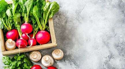 Fresh radishes, mushrooms, and greens in a wooden crate  Vibrant red radishes, plump and fresh, are arranged with earthy mushrooms