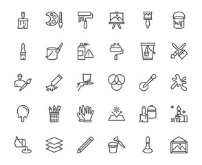 A collection of 30 clean and minimal line icons related to painting, drawing, and art tools. This set includes paint brushes, rollers, palettes, color buckets, spray cans, editable stroke 48x48 pixel