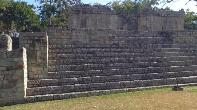 Copan Ruinas, Honduras. Remains of Mayan Temple in Archaeological Site, Tourist Attraction
