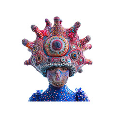 Surreal Portrait of a Person in an Intricate, Colorful Costume with a Large Headpiece