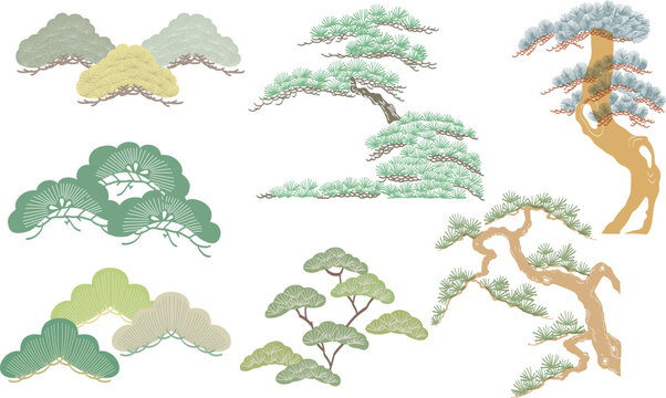 Set of colorful bonsai tree or pine tree elements. Japanese background with Asian traditional icon vector. Natural art with brown background in vintage style.