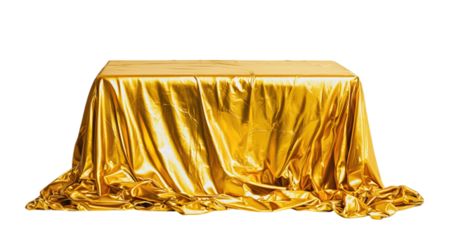 Png of A shimmering golden tablecloth draped elegantly over a table, adding a touch of luxury and vibrance to any setting.
