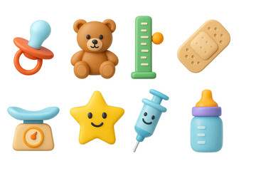 Adorable baby care icon set – 3d style nursery, infant health, and child essentials symbols: pacifier, teddy bear, thermometer, band-aid, scale, star, syringe, bottle.