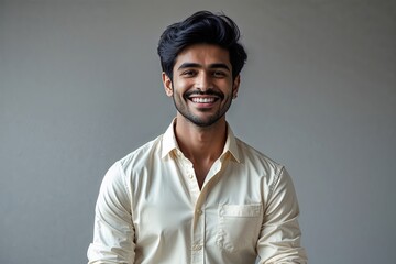 Young Indian Man in a Charming Cream Shirt Against a Soft Grey Backdrop, Smiling Confidently and Embracing Happiness