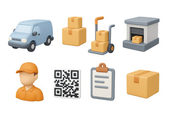 Logistics and delivery 3d icons set – shipping, courier, and supply chain symbols for business solutions: truck, boxes, trolley, storage, worker, qr code, clipboard.