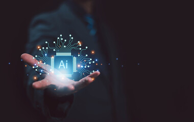 Business data using AI technology background using computer customer service showing data connection storing various data with AI to help simplify documents
